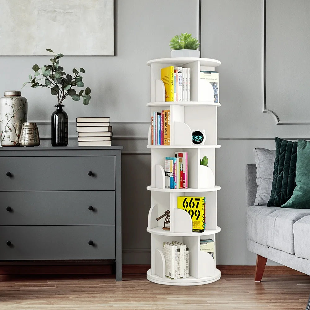 Bimiti 5 Tier Rotating Bookshelf, 360? Revolving Bookcase 20 Shelves Floor - Standing Storage Display Rack - White 63"x18"x18", Adult