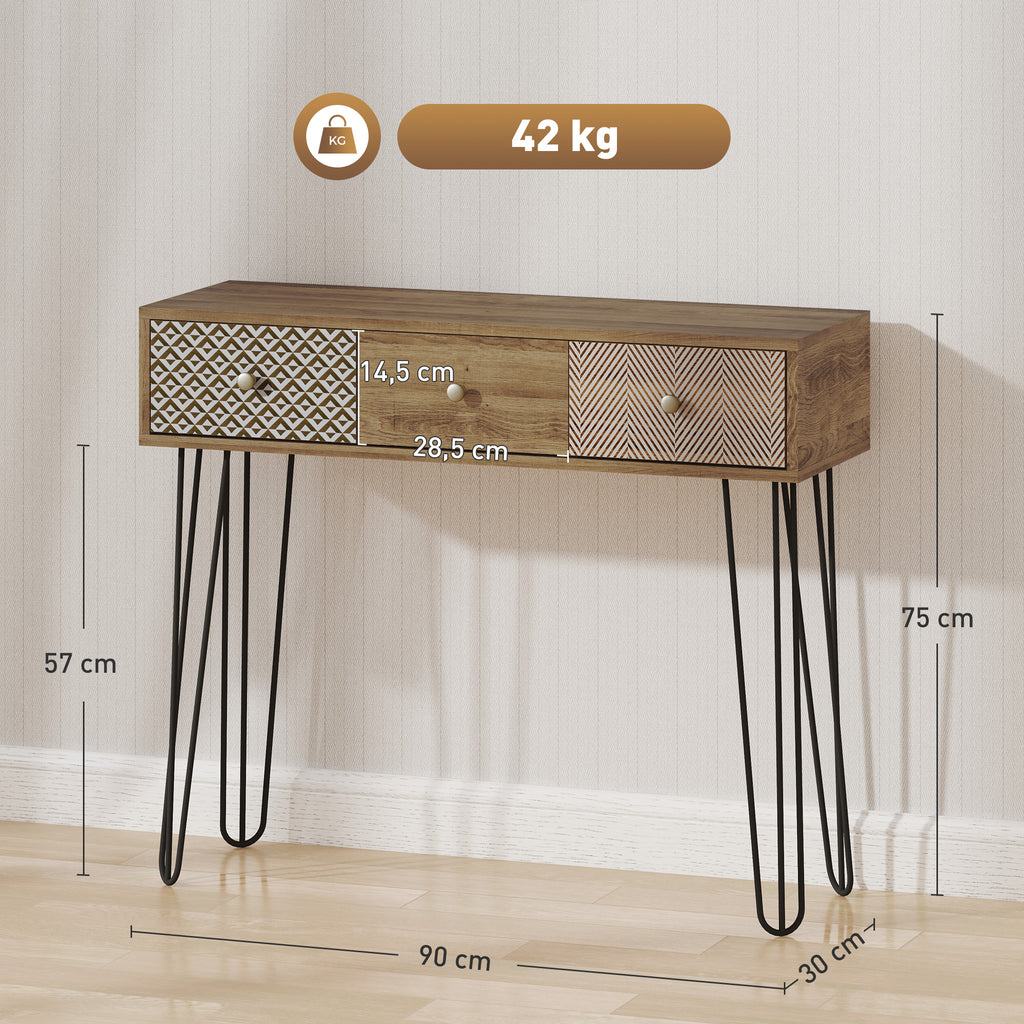 HOMCOM Konsolentisch mit 3 Schubladen, schmaler Eingangstisch mit Stahlhaarnadelbeinen, 90 x 30 x 75 cm, braun
