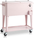 80 Quart Rolling Ice Chest, Portable Bar Drink Cooler with Catch Basin, Bottom Storage Tray and Bottle Opener for Patio Party BBQ Beach Activities