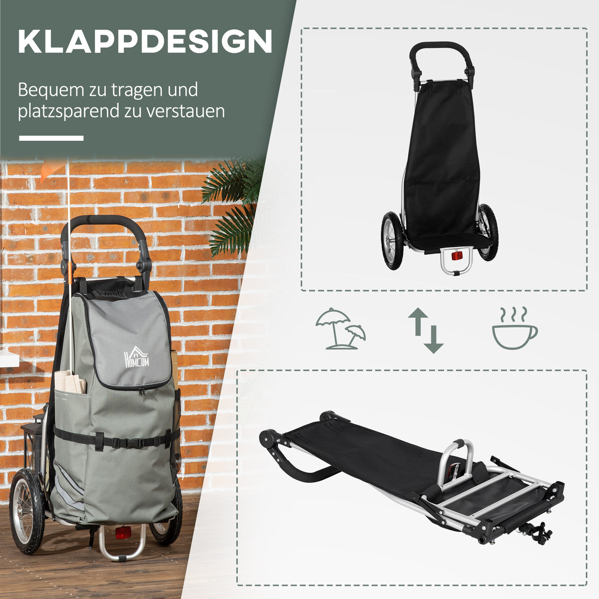 HOMCOM 3-in-1 Einkaufstrolley Einkaufswagen Fahrradanhänger Sackkarre, 53 x 43 x 110cm , Grau+Silber