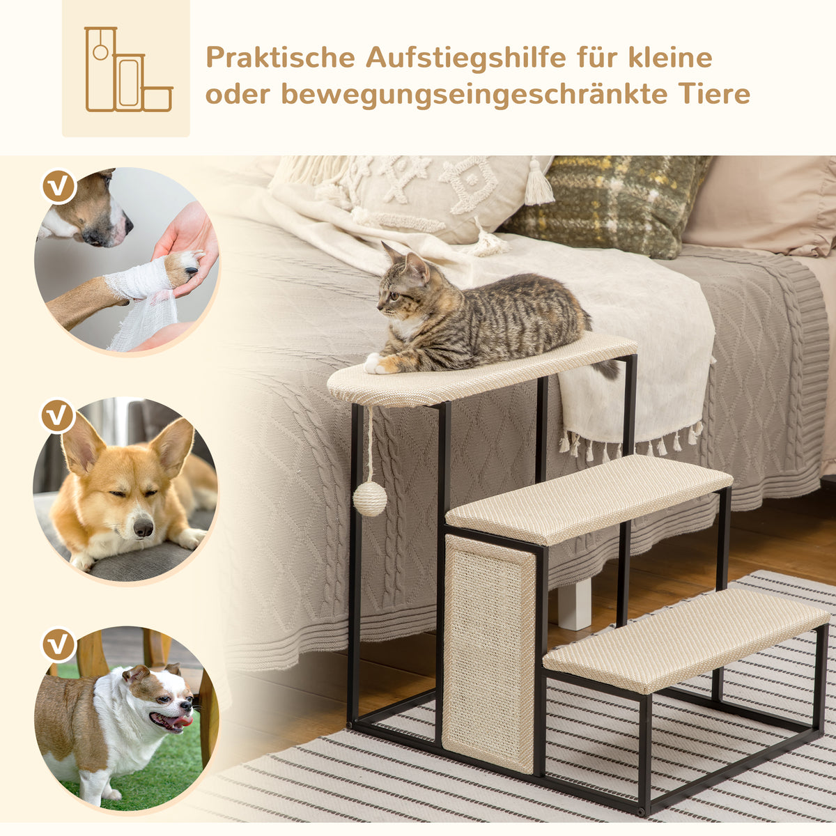 PawHut Katzentreppe, mit Kratzbrett, 3 Stufen, Spielball, robust, Stahl+Sisal, cremeweiß+schwarz, 51 x 54 x 53cm