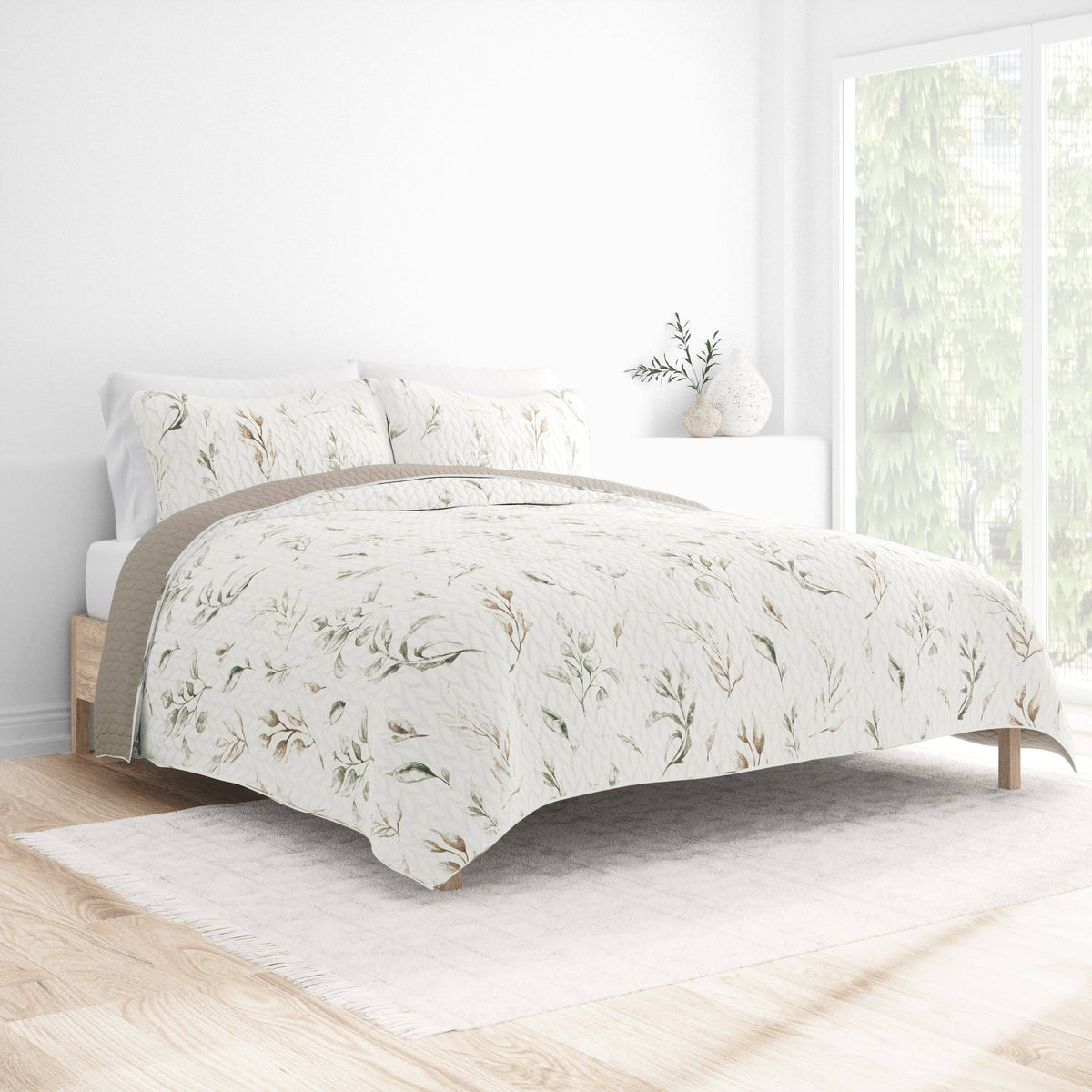 ienjoy Home All Season 2 Piece Watercolor Leaves & Stripe Reversible Quilt Set, Twin/Twin XL, Latte