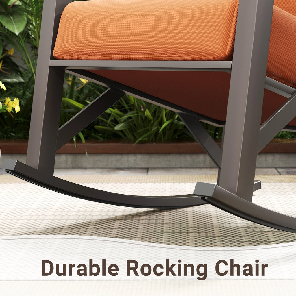 MRUAKA Rocking Chair Bistro Set, 3 Piece Outdoor Patio Furniture Set with 2 Rockers and 1 Metal Coffee Table with Thick Cushions for Porch, Backyard, Poolside, Beige