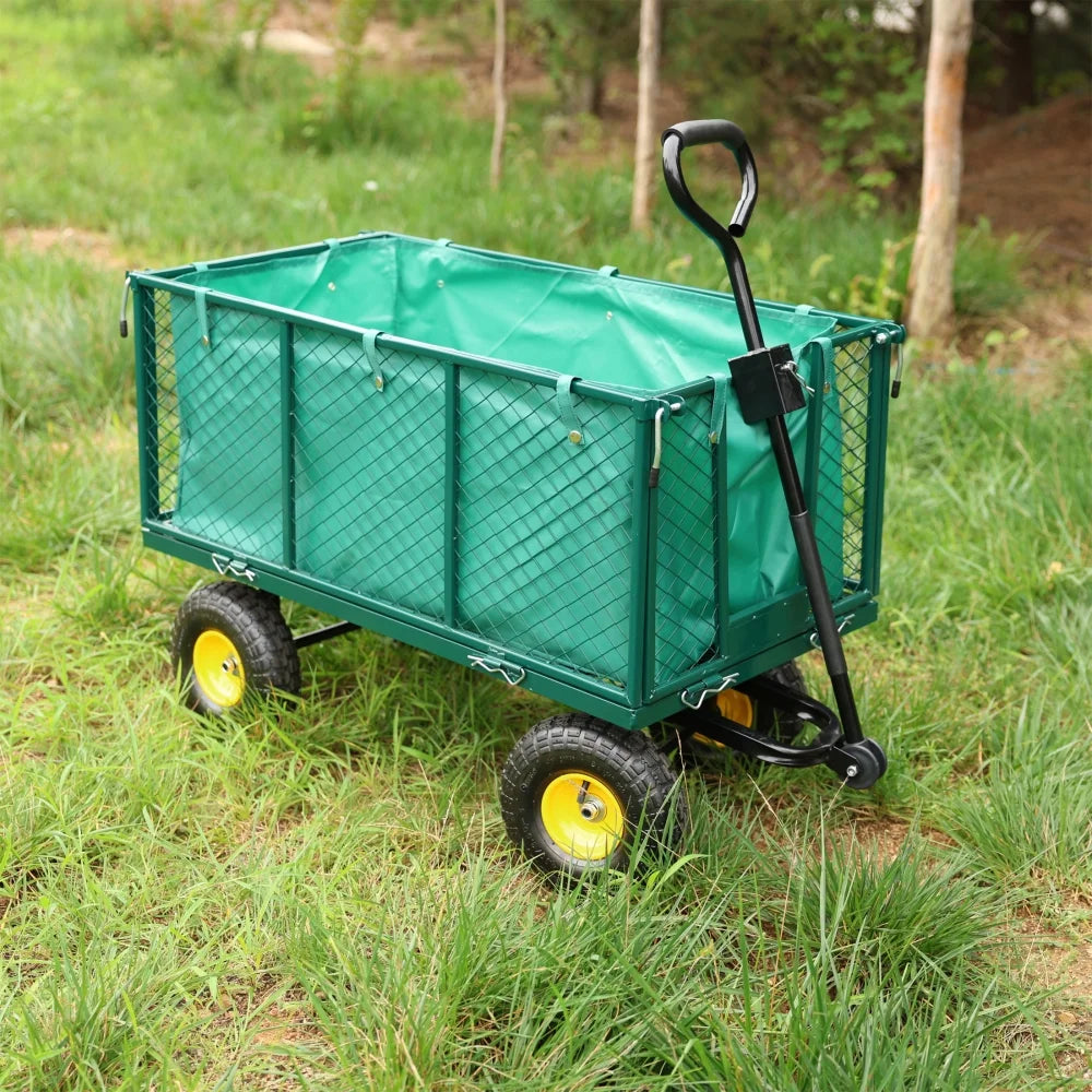 Gzxs Heavy Duty 880 lb Capacity Mesh Steel Garden Cart, Folding Utility Wagon with Removable Sides, Cart Liner, Storage Basket and 10" Large Wheels (Green)