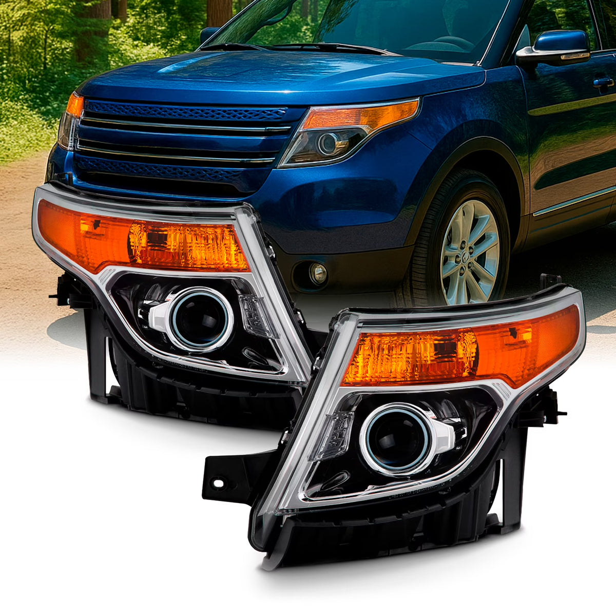 AKKON - for 2011 - 15 Ford Explorer Driver + Passenger Projector Headlight Assembly Chrome Housing Clear Lens Full Set