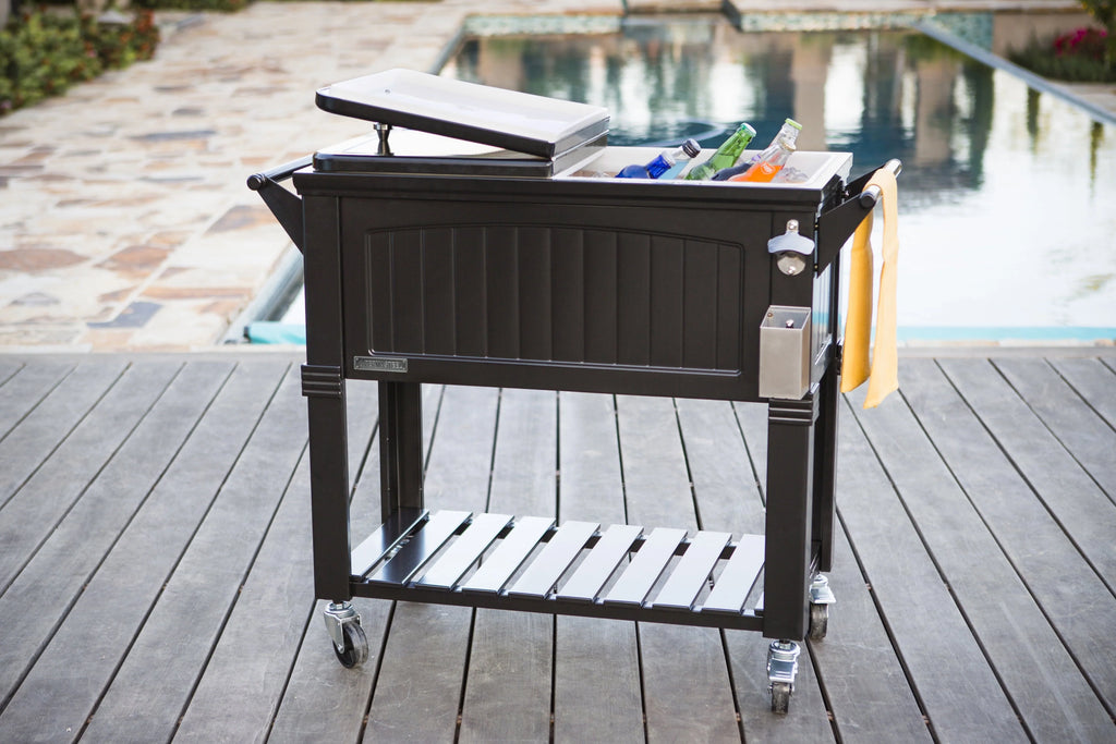 Permasteel 80 - Qt Antique Outdoor Steel Patio Cooler on Wheels, Rolling Cooler Cart, Wooden Teak Style, Black