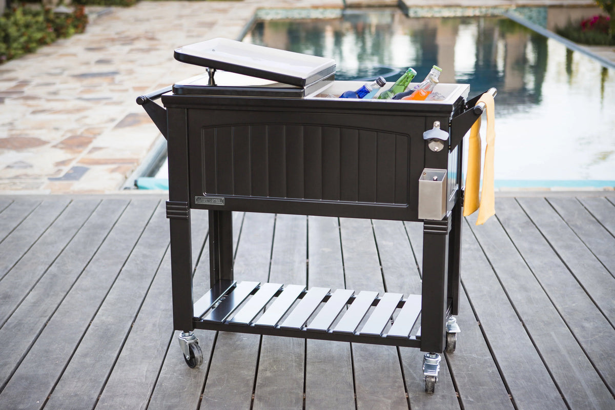Permasteel 80 - Qt Antique Outdoor Steel Patio Cooler on Wheels, Rolling Cooler Cart, Wooden Teak Style, Black