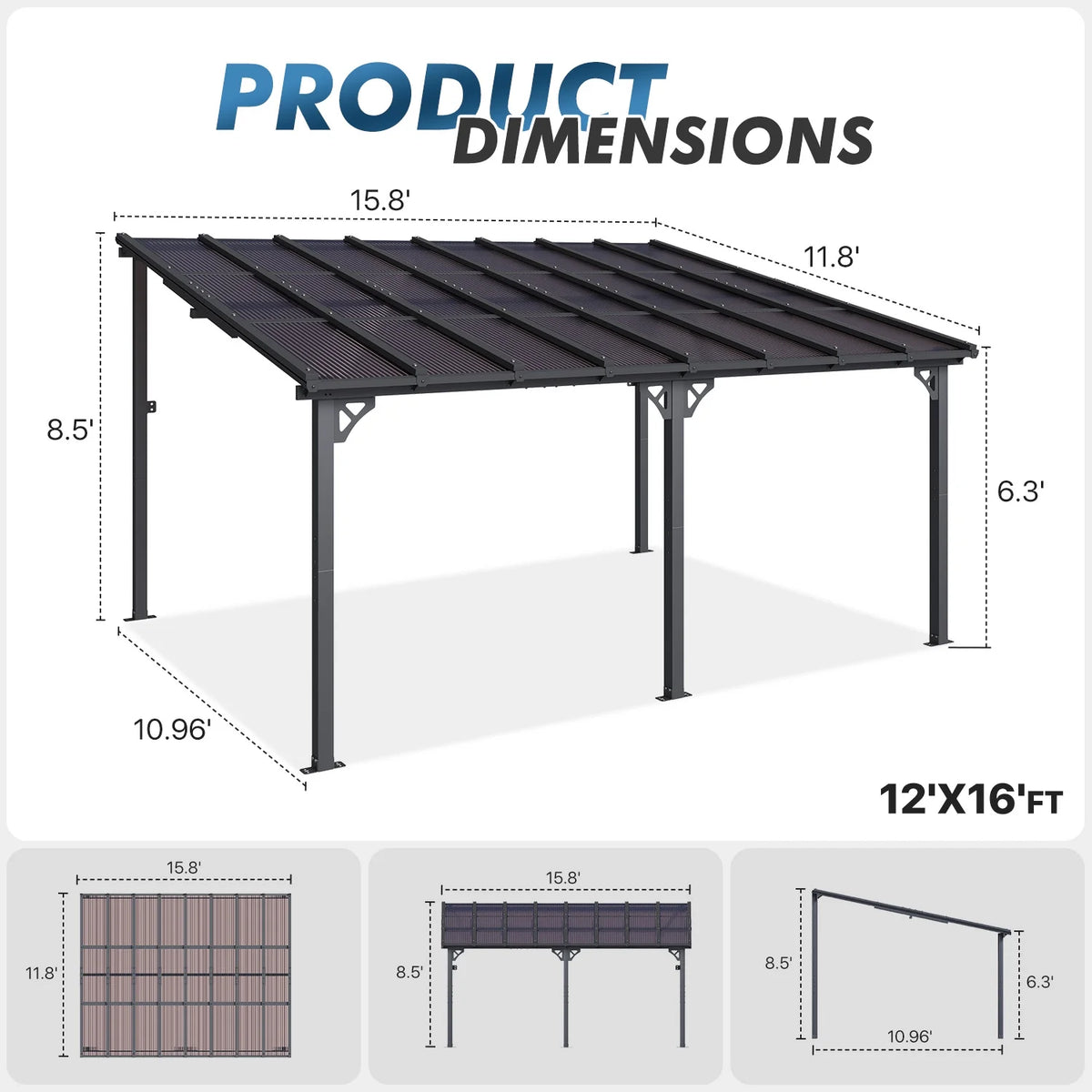 Sumnthink 10'X12' Gazebo for Patio, Gazebo Pergola with Sloped Roof, Large Wall - Mounted Heavy Duty Awnings, for Patio, Deck and Backyard