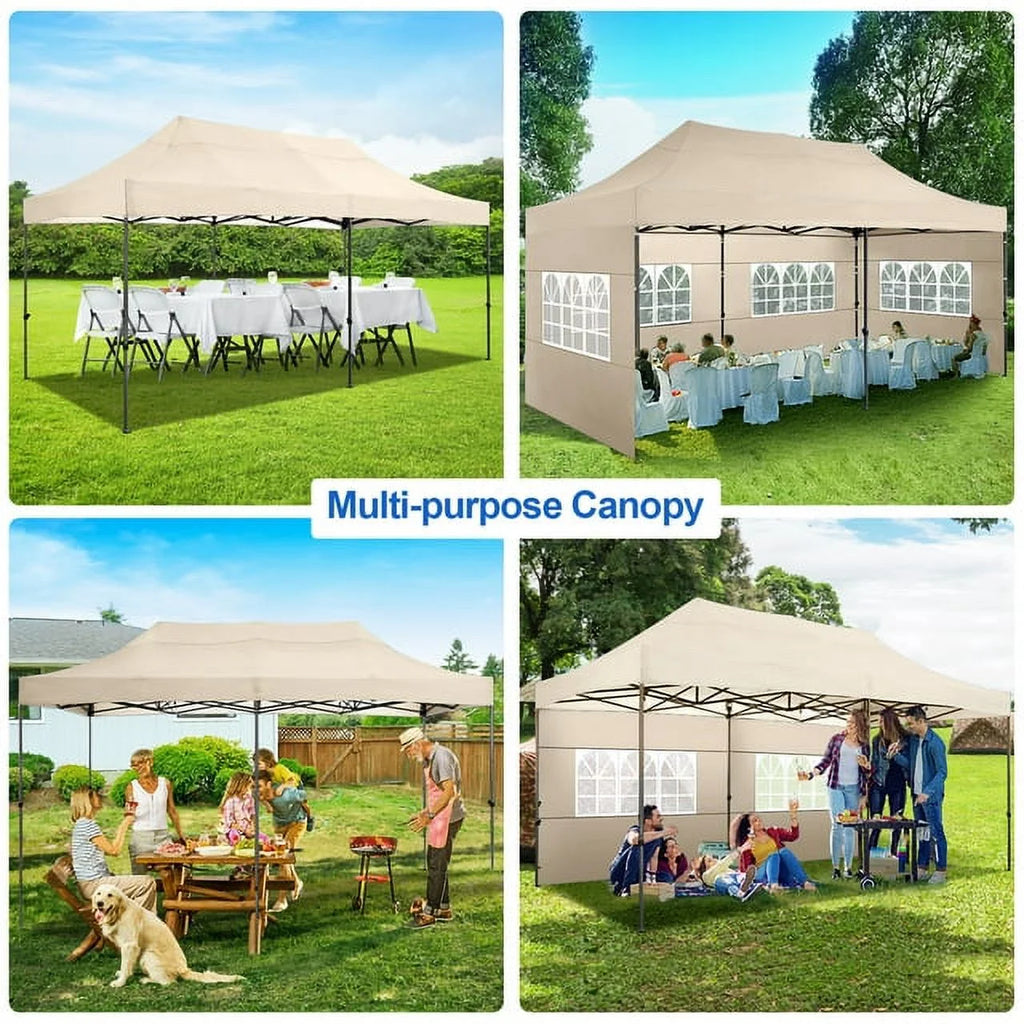 10'X20' Pop up Canopy Waterproof Folding Tent Outdoor Easy Set - up Instant Tent Heavy Duty Commercial Wedding Party Shelter with 6 Removable Sidewalls, 4 Sandbags, Roller Bag, Khaki