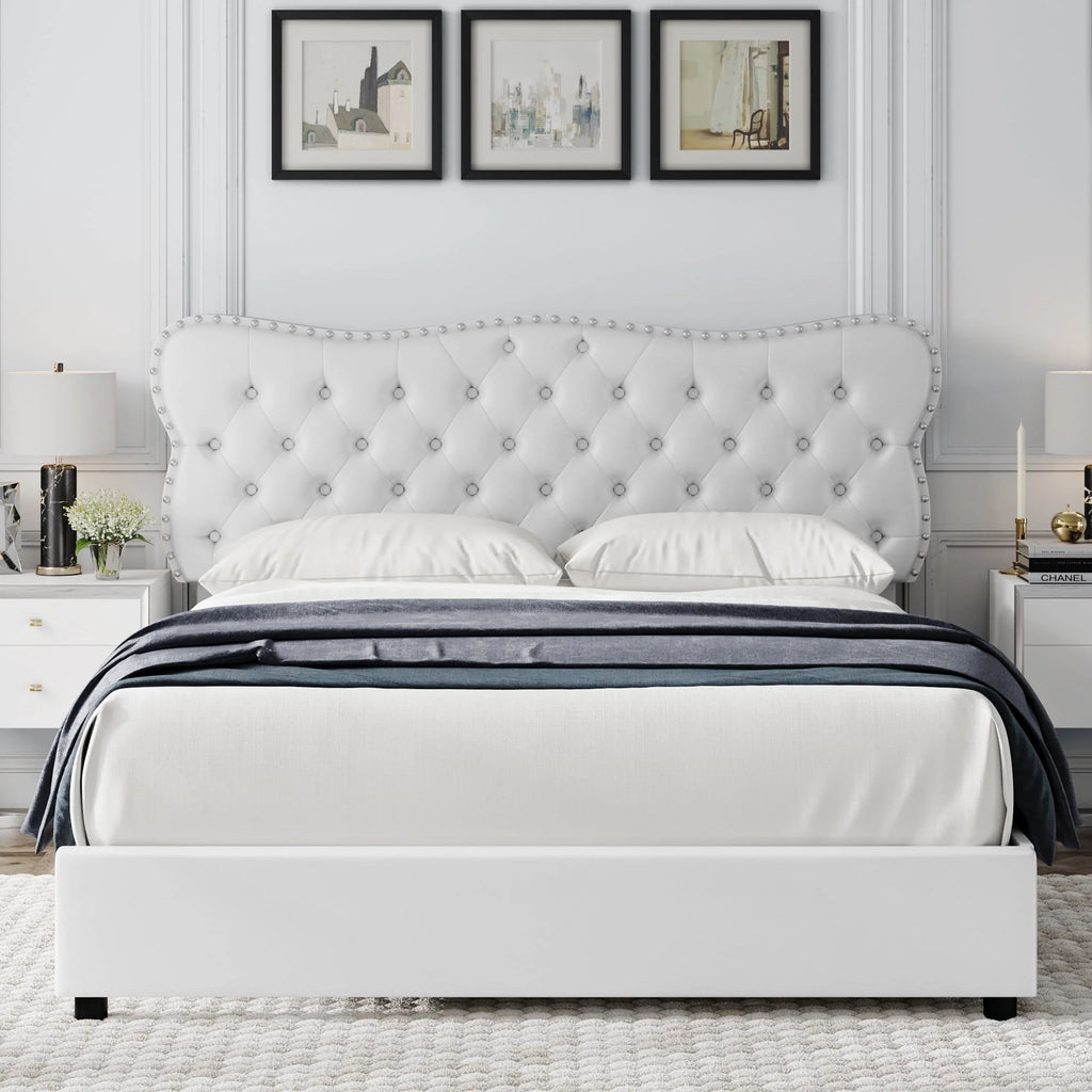 Homfa White Queen Bed Frame with Drawer, PU Leather Upholstered Storage Platform Bed Frame with Button Tufted Headboard, Noise Free