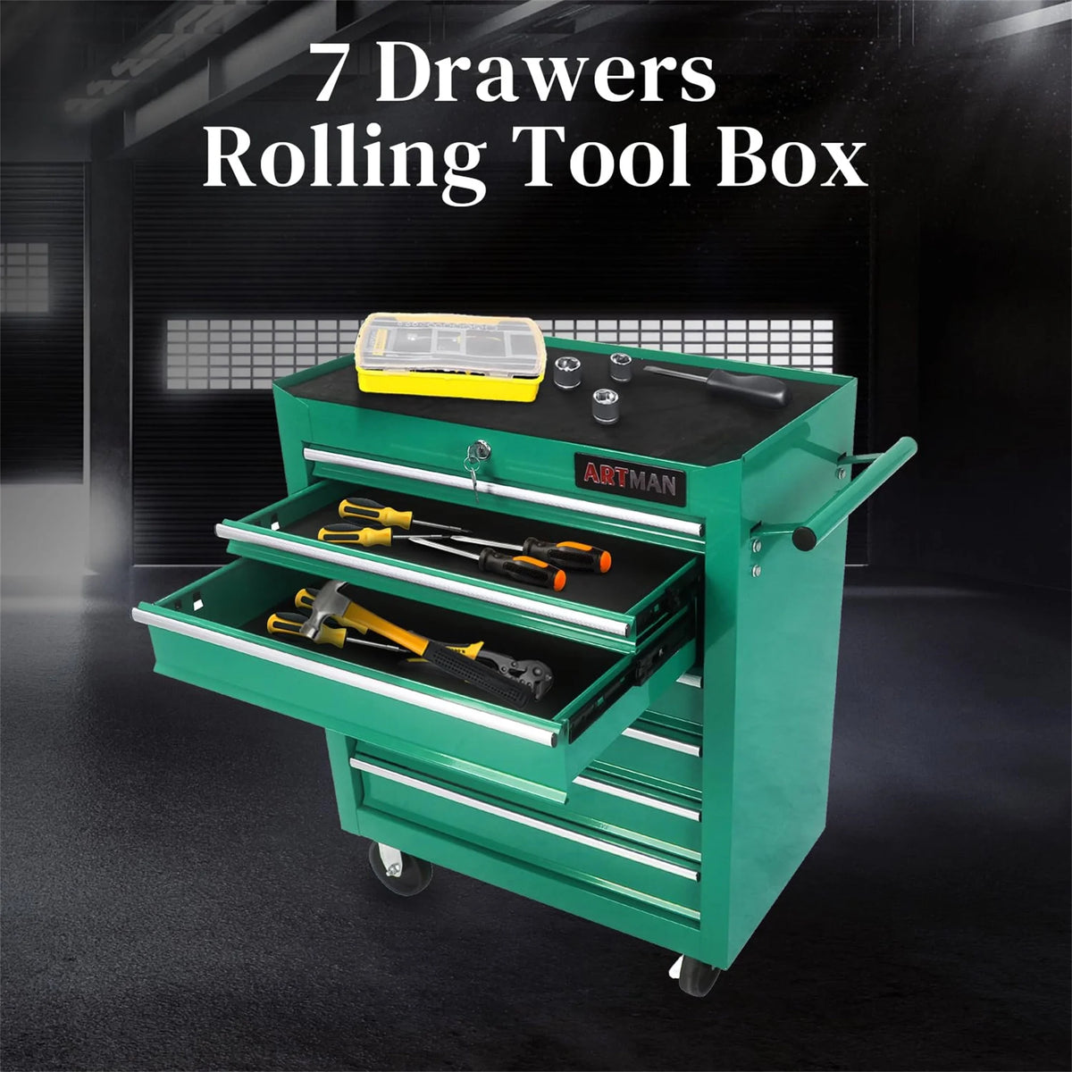 Aukfa Tool Chest, 24.5 in 7 - Drawer Steel Rolling Tool Box on Wheels for Workshop Garage, Red