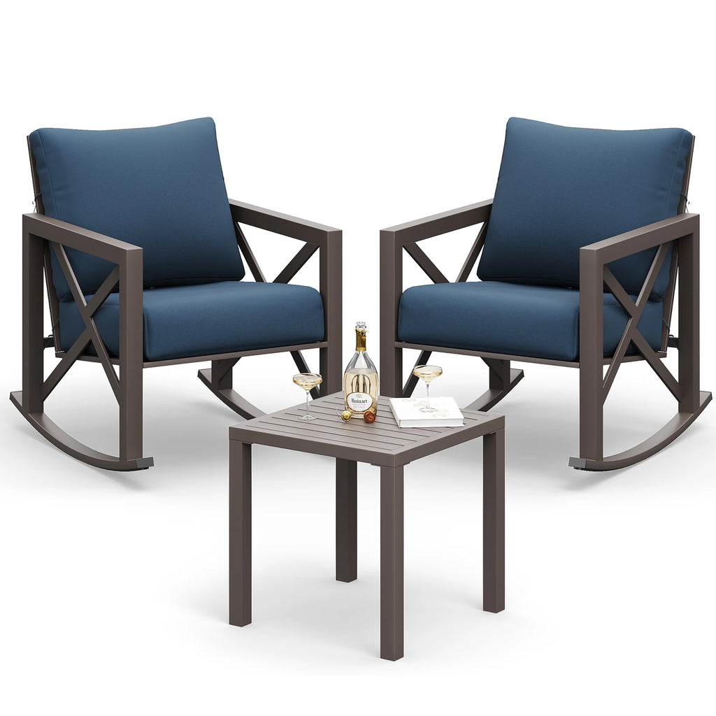 MRUAKA Rocking Chair Bistro Set, 3 Piece Outdoor Patio Furniture Set with 2 Rockers and 1 Metal Coffee Table with Thick Cushions for Porch, Backyard, Poolside, Beige