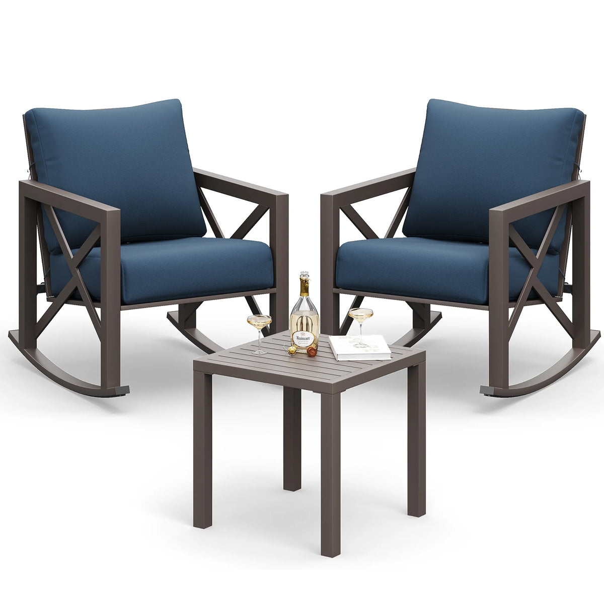 MRUAKA Rocking Chair Bistro Set, 3 Piece Outdoor Patio Furniture Set with 2 Rockers and 1 Metal Coffee Table with Thick Cushions for Porch, Backyard, Poolside, Beige