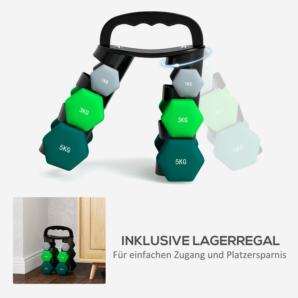 SPORTNOW Hantelset mit Aufbewahrungsgestell, Set mit 6 Hanteln für Fitness-Training, 2 x 1kg, 2 x 3kg, 2 x 5kg