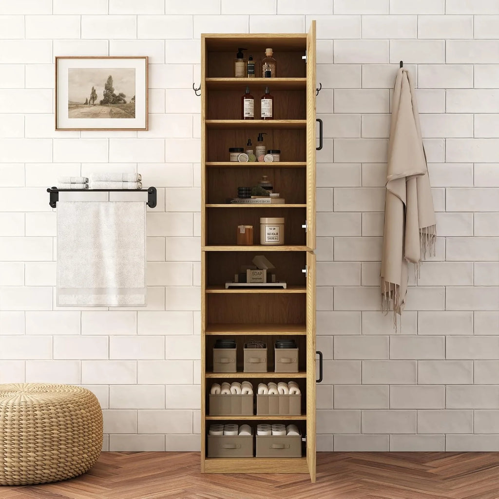 66 - Inch Bathroom Storage Cabinet with Rattan Doors, Bath Room Organizer Floor Cabinets Brown
