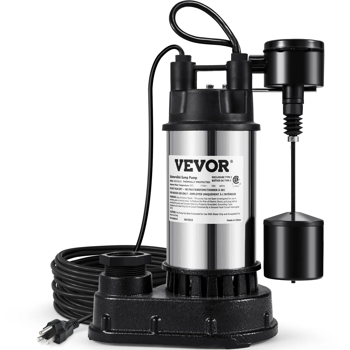 VEVOR Sump Pump, 1.5 HP 6000 GPH, Submersible Cast Iron and Stainless Steel Water Pump, 1 - 1/2" Discharge with 1 - 1/4" Adaptor, Automatic Vertical Float Switch, for Indoor Basement Water Basin