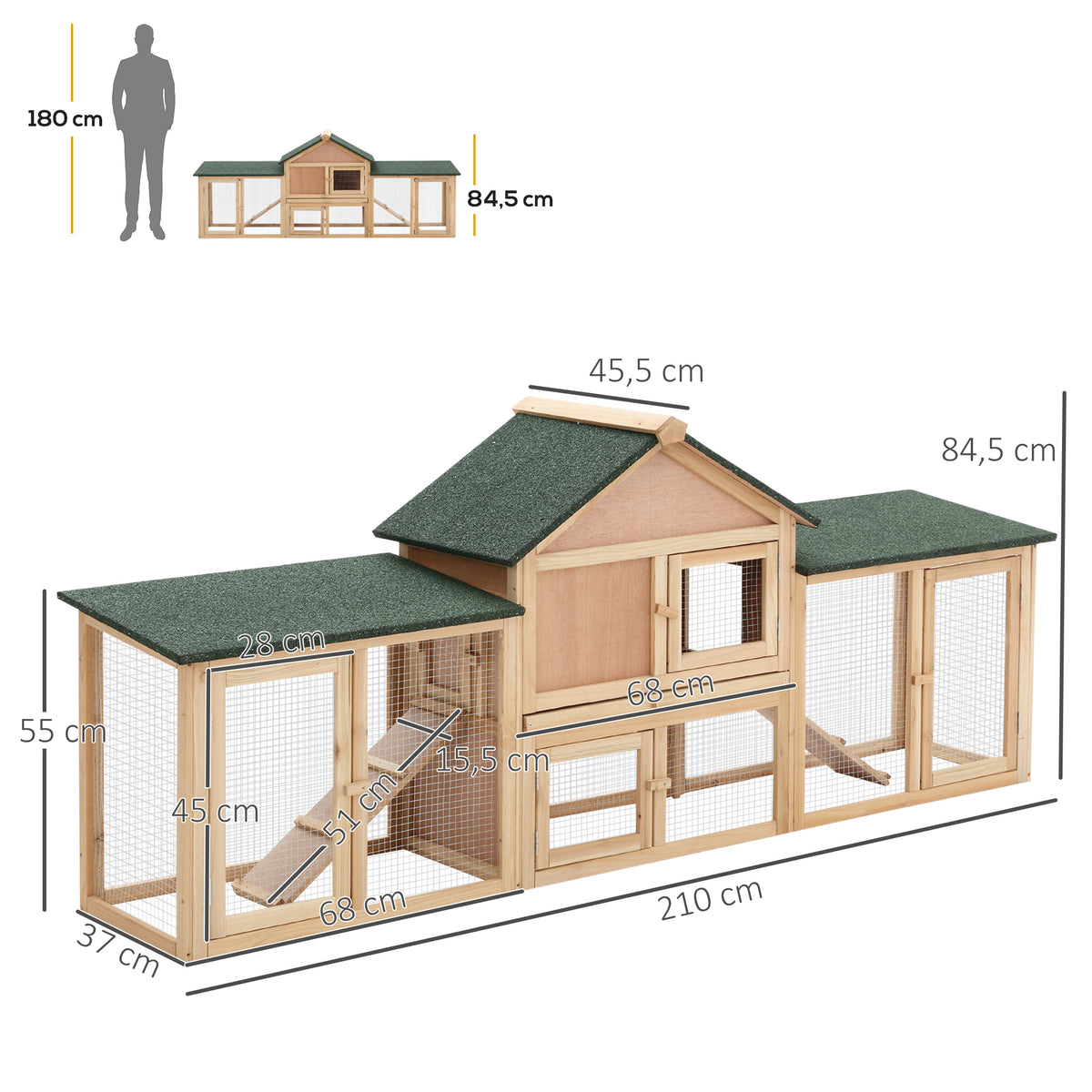 Pawhut Kleintierstall mit 2 Freiluftgehegen Tannenholz Grau + Schwarz