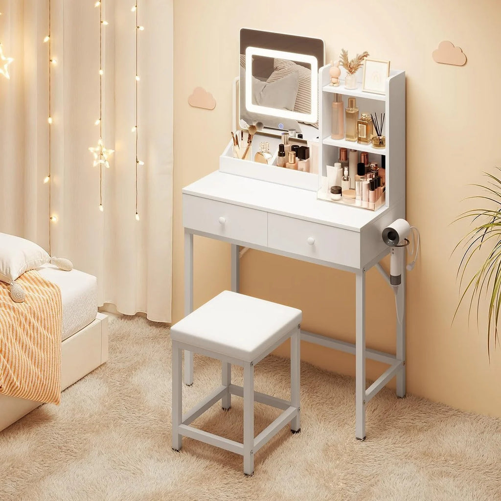 Makeup Vanity Desk with Mirror and Lights, 43.5 Vanity Table with 5 Drawers & Storage Shelves, White