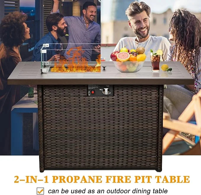 Layinsun 44" Propane Gas Fire Pit Table, 55000 BTU Rectangular Fire Pit with Glass Wind Guard for Outside Patio Deck Garden Backyard