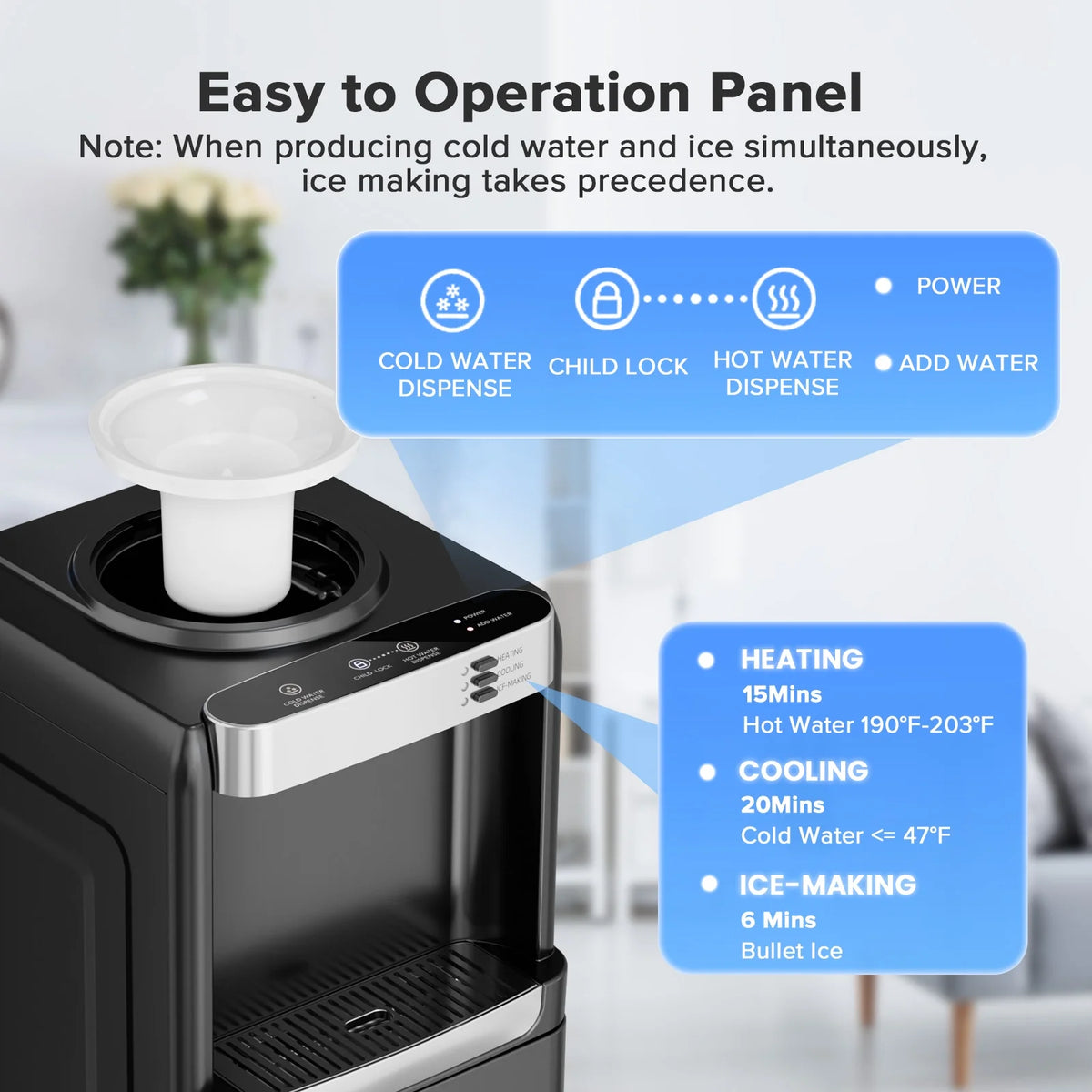 LHRIVER 2 - 5 Gallon Water Dispenser & 6 - Min Ice Maker, 3 - in - 1 Hot/Cold/Ice, Child Lock & Energy - Efficient, for Home/Office, Black