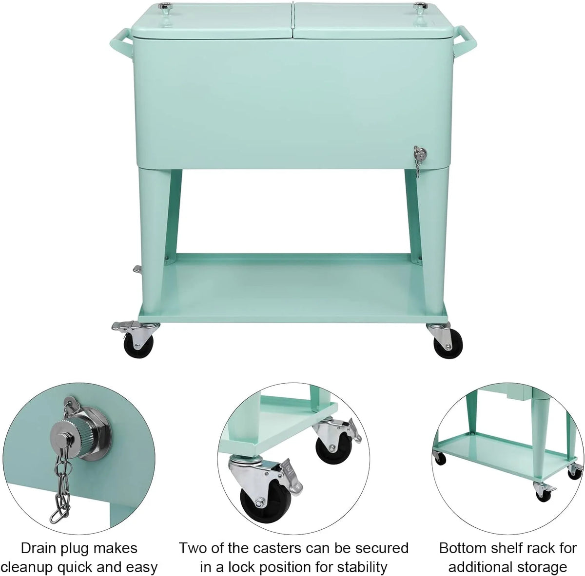 80 Quart Rolling Ice Chest, Portable Bar Drink Cooler with Catch Basin, Bottom Storage Tray and Bottle Opener for Patio Party BBQ Beach Activities