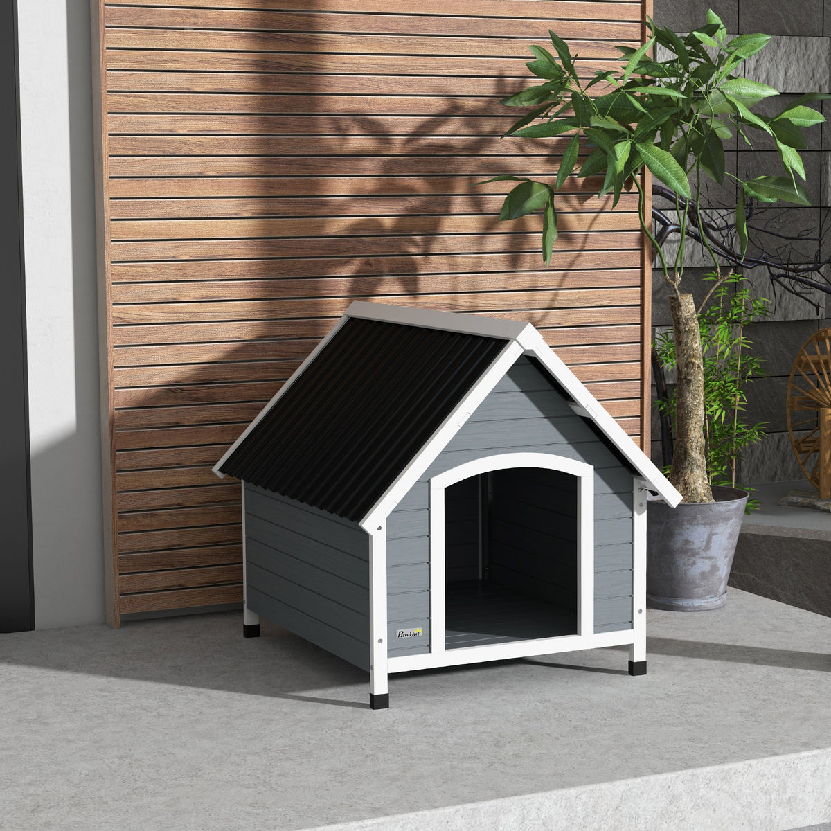 PawHut Hundehütte aus Holz für draußen mit herausnehmbarem Boden, erhöhter Holzunterschlupf für Hunde 84 x 99 x 87 cm Grau