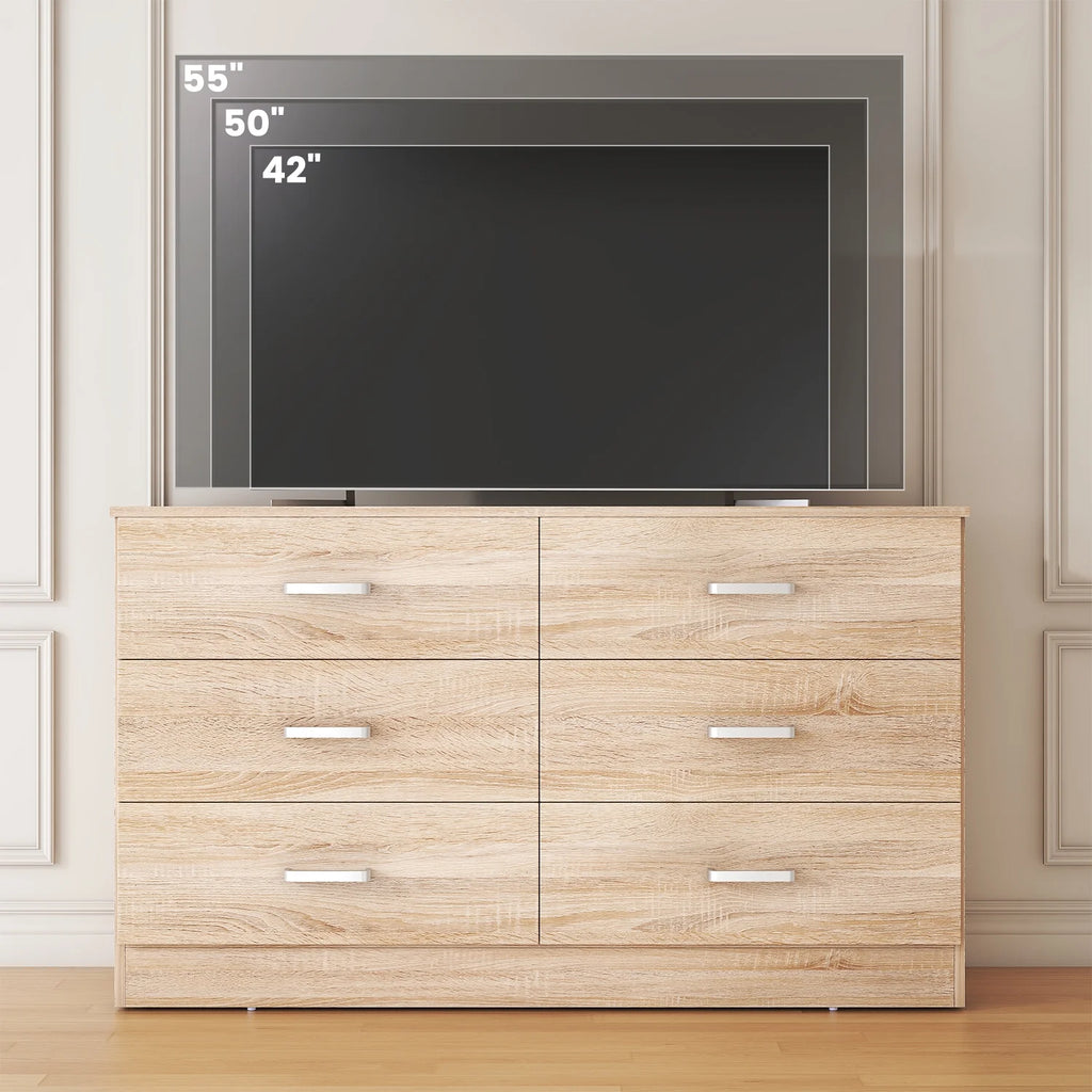 Winkalon 6 Drawer Oak Double Dresser, Wood Storage Cabinet with Easy Pull Out Handles for Living Room, Chest of Drawers for Bedroom