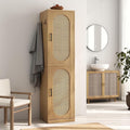 66 - Inch Bathroom Storage Cabinet with Rattan Doors, Bath Room Organizer Floor Cabinets Brown