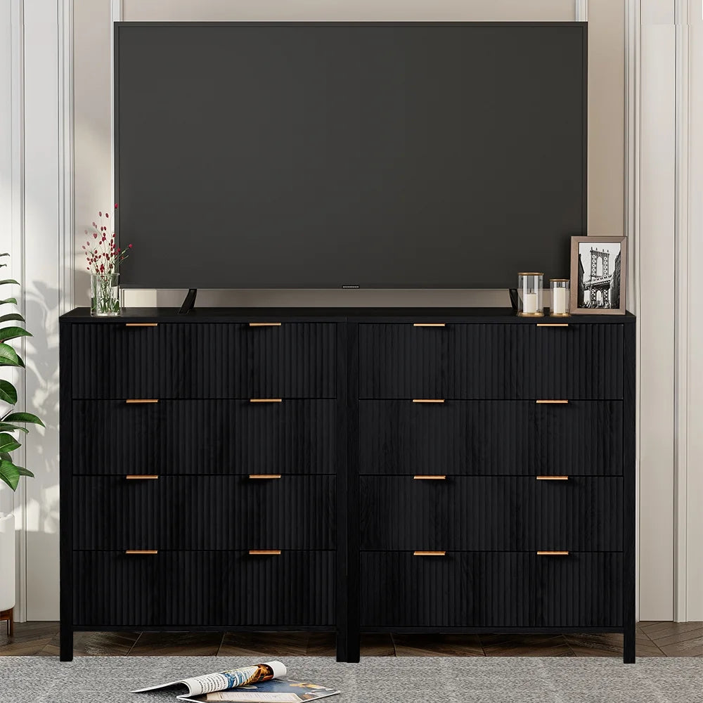 YOCWO Fluted Nightstand for Bedroom Set of 2, Wood Bedside Table Set of 2 with Drawers, Black