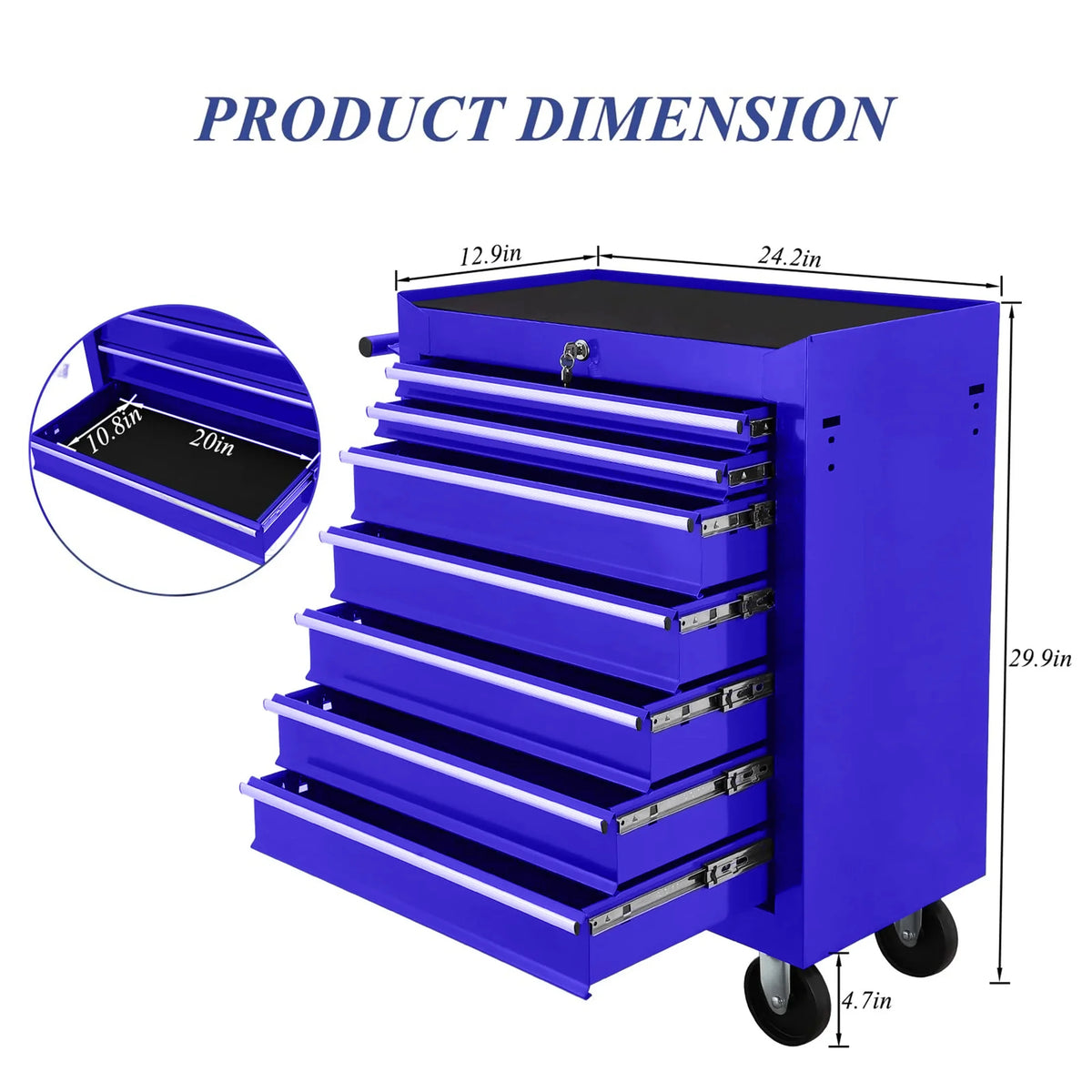 Aukfa Tool Chest, 24.5 in 7 - Drawer Steel Rolling Tool Box on Wheels for Workshop Garage, Red