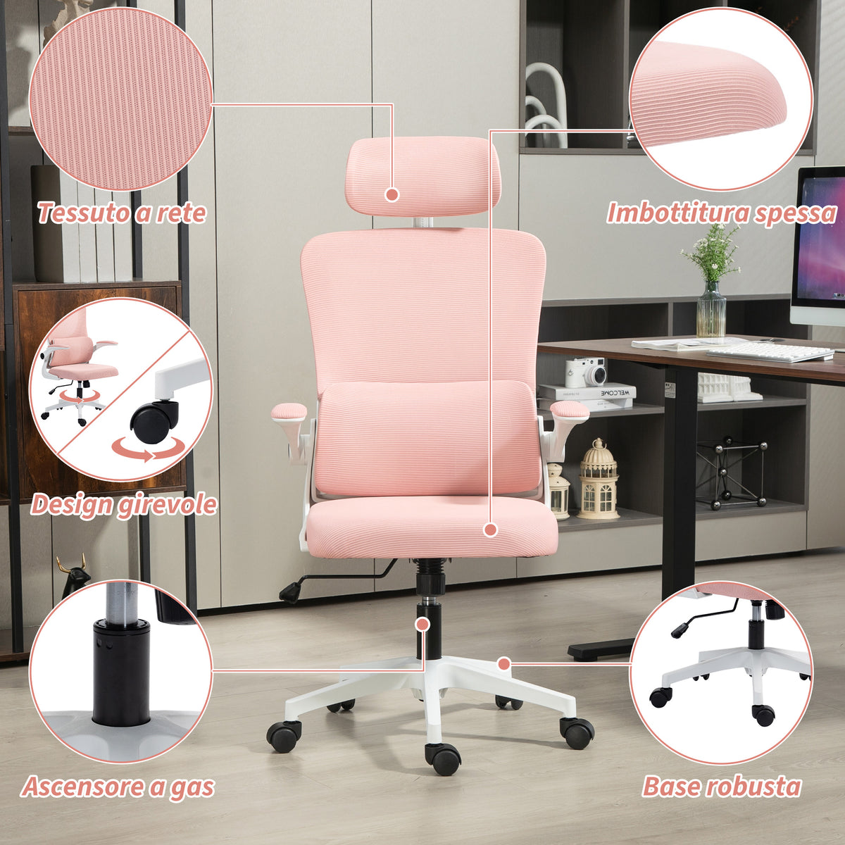 Vinsetto Höhenverstellbarer und neigbarer Bürostuhl mit abnehmbarem Kopfstützkissen, aus Netzstoff, 60x59x114-122 cm, Rosa