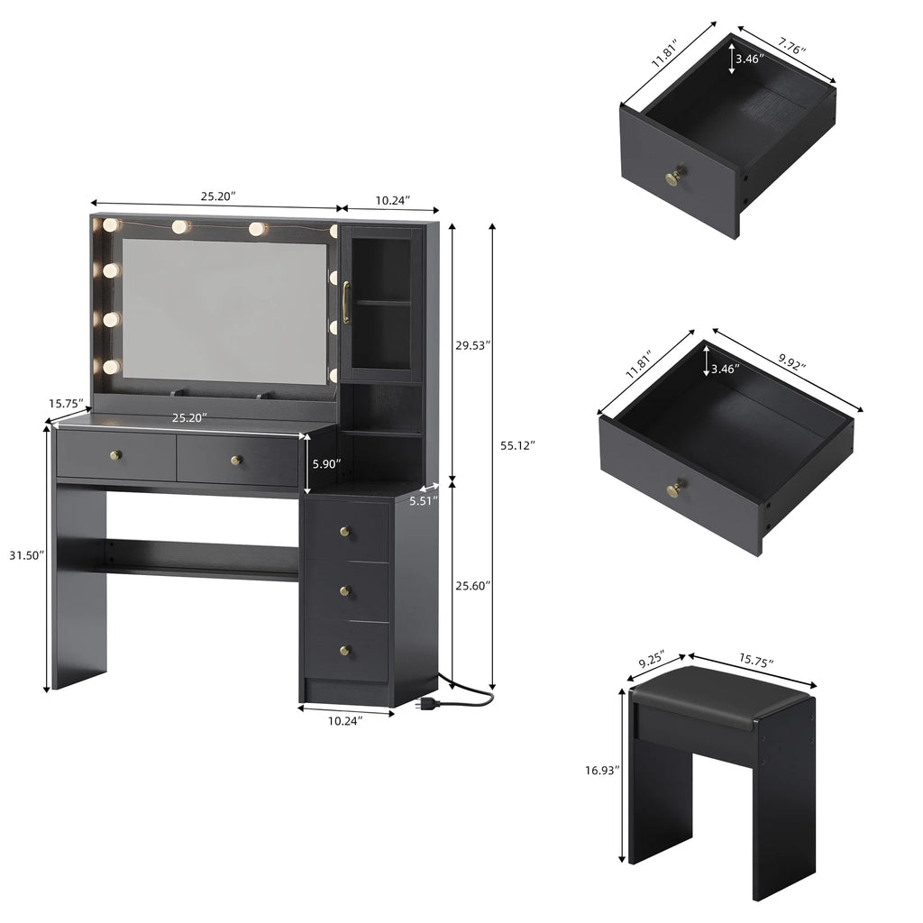 UGTOO 58.3" White Vanity Desk with Mirror, Adjustable Lighting, Power Outlet, Drawers, with Stool