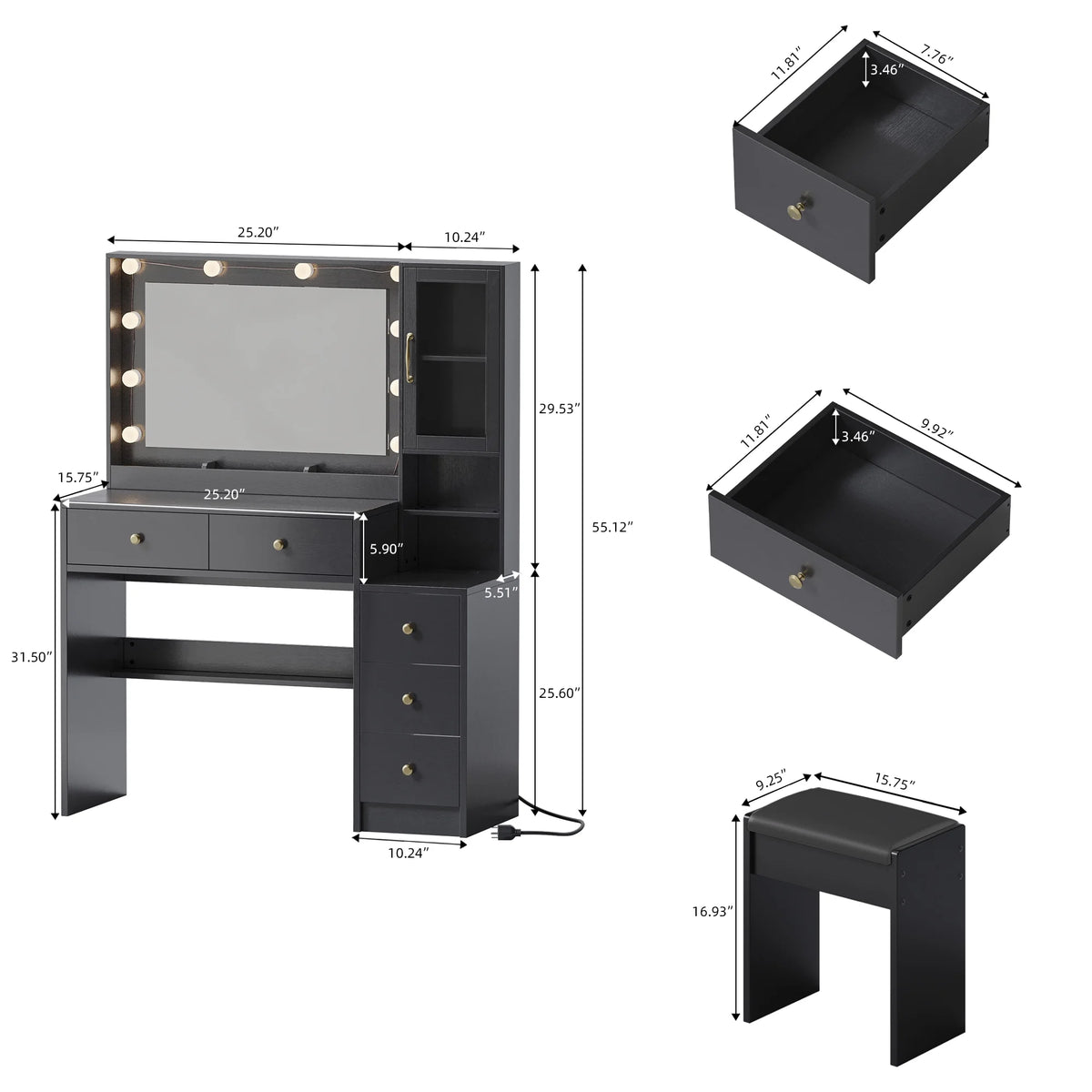 UGTOO 58.3" White Vanity Desk with Mirror, Adjustable Lighting, Power Outlet, Drawers, with Stool