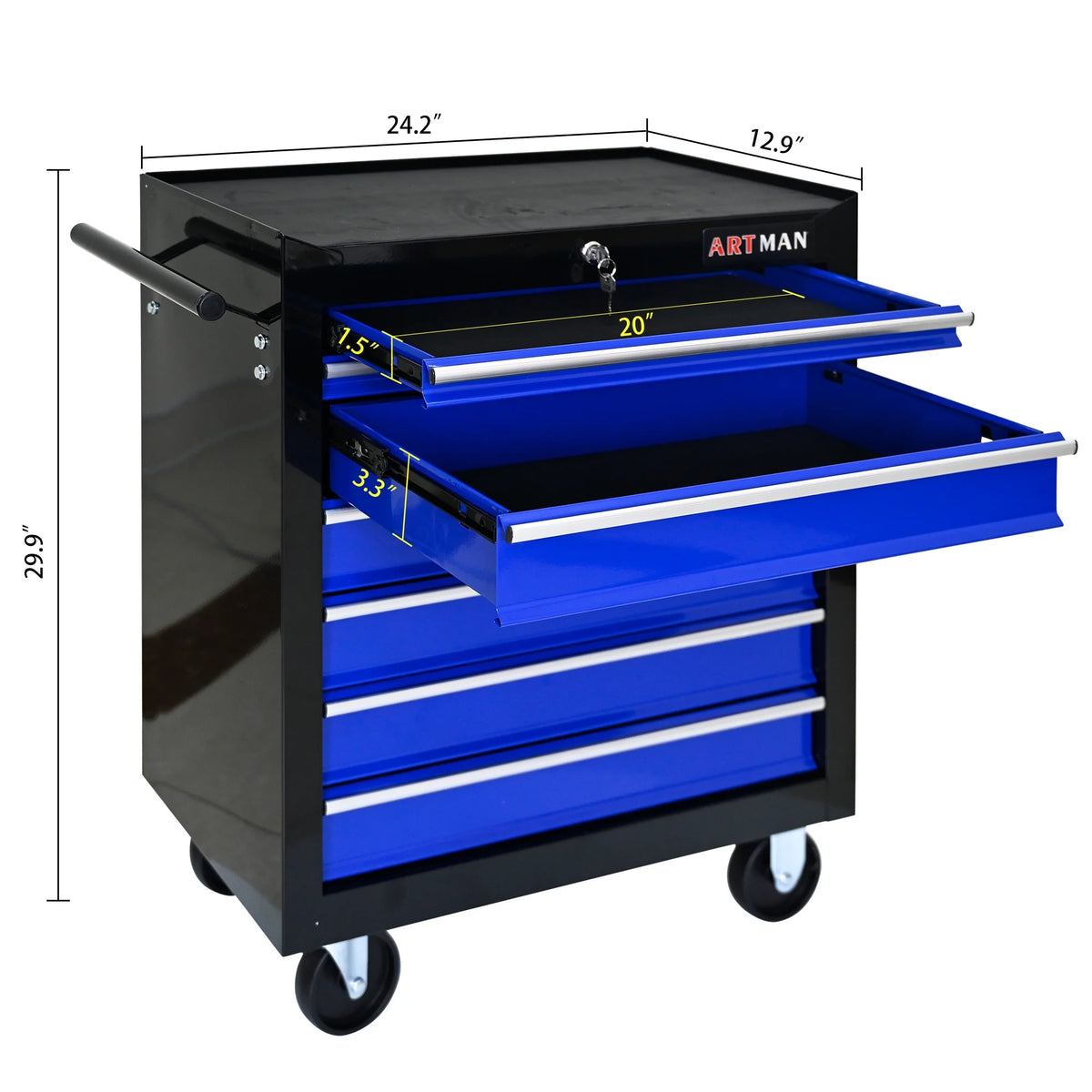Aukfa Tool Chest, 24.5 in 7 - Drawer Steel Rolling Tool Box on Wheels for Workshop Garage, Red