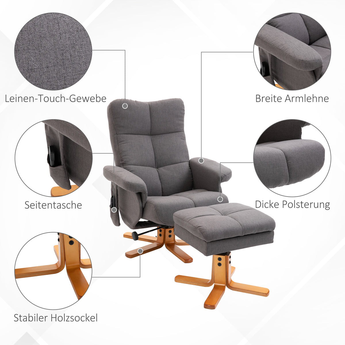 HOMCOM Relaxsessel mit Fußhocker, Stauraum, Elektrischer Massagesessel mit Liegefunktion, Drehbarer Fernsehsessel mit Seitentasche, Fernbedienung, Holzrahmen, Polyester, Dunkelgrau