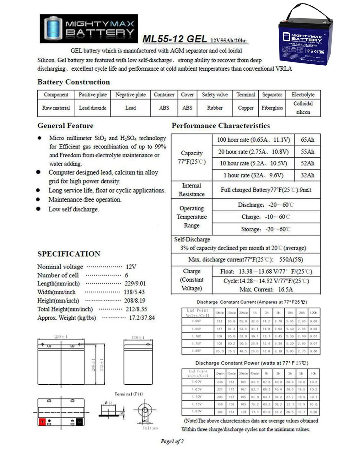 ML35 - 12 GEL - 12 Volt 35 AH, GEL Type, Internal Thread (INT) Terminal, Rechargeable AGM Battery