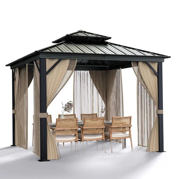 10x10 Hardtop Gazebo with double metal roof. aluminum frame. net. and curtain. All-weather. ideal for patio. deck. garden. backyard. Khaki.