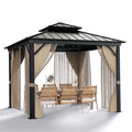 10x10 Hardtop Gazebo with double metal roof. aluminum frame. net. and curtain. All-weather. ideal for patio. deck. garden. backyard. Khaki.