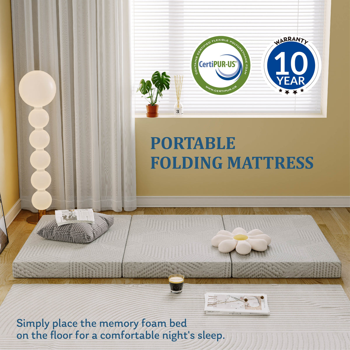 Ego 4 inch Tri Folding Memory Foam Mattress. Portable Guest Bed. Queen Size