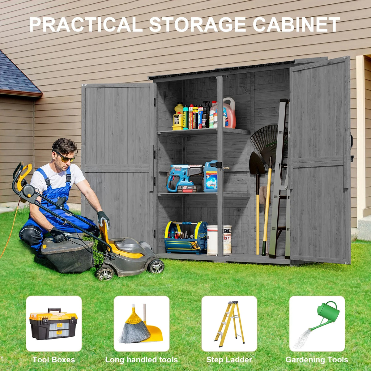 Aiho 55 Wide Outdoor Storage Shed with Lockable Double Doors - Weather - Resistant Garden Shed for Patio, Backyard & Lawn, Gray