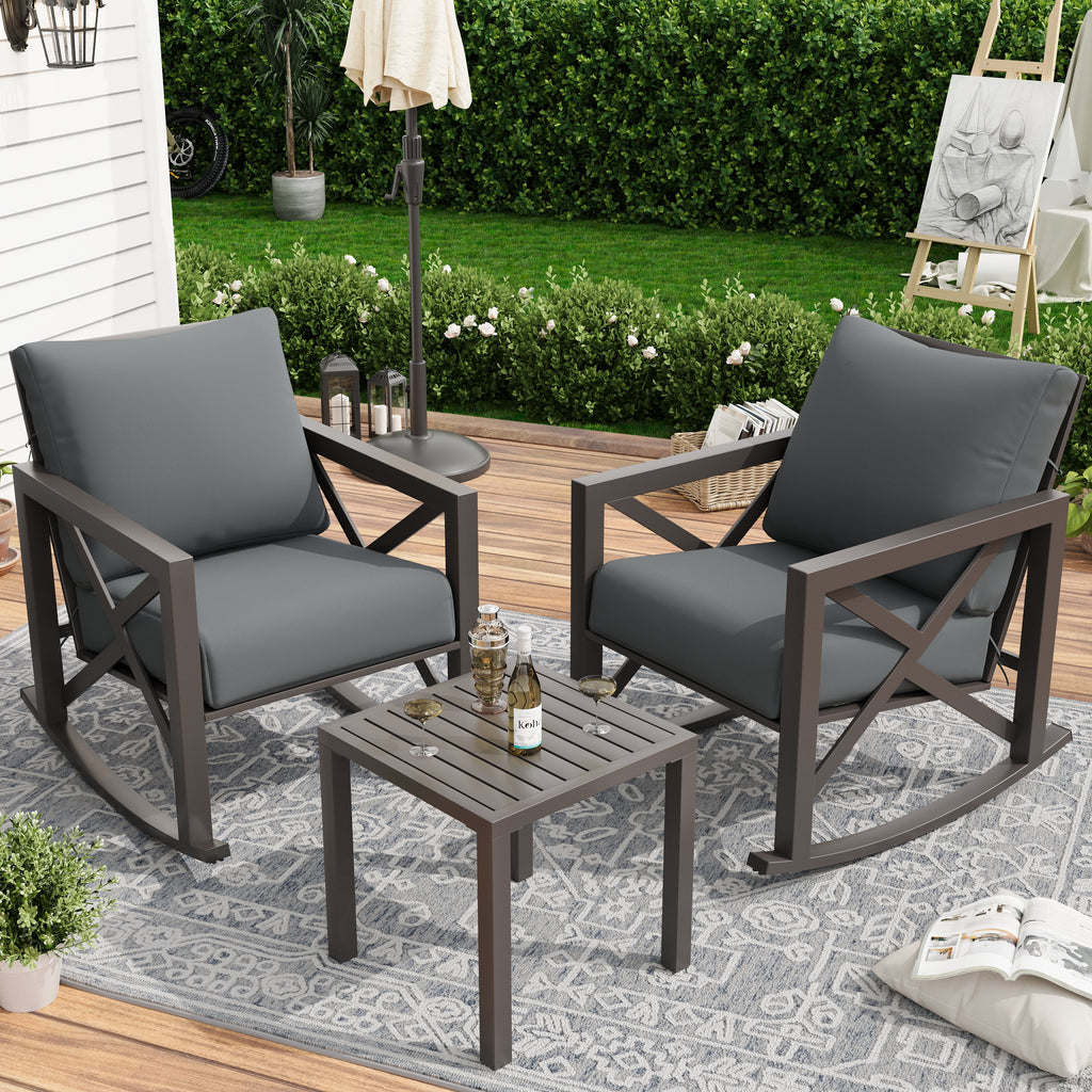 MRUAKA Rocking Chair Bistro Set, 3 Piece Outdoor Patio Furniture Set with 2 Rockers and 1 Metal Coffee Table with Thick Cushions for Porch, Backyard, Poolside, Beige