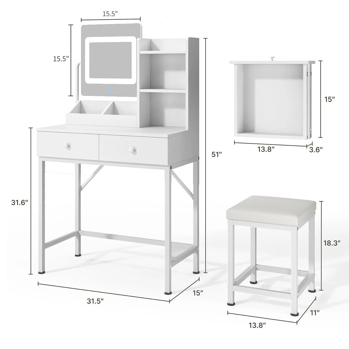 Makeup Vanity Desk with Mirror and Lights, 43.5 Vanity Table with 5 Drawers & Storage Shelves, White