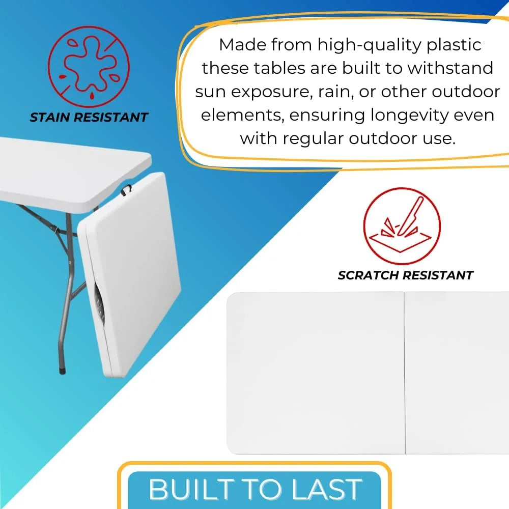 Ezone 6ft Indoor Outdoor Heavy Duty Portable Folding Plastic Dining Table W/Handle, Lock for Picnic, Party, Camping - White (6 Ft)