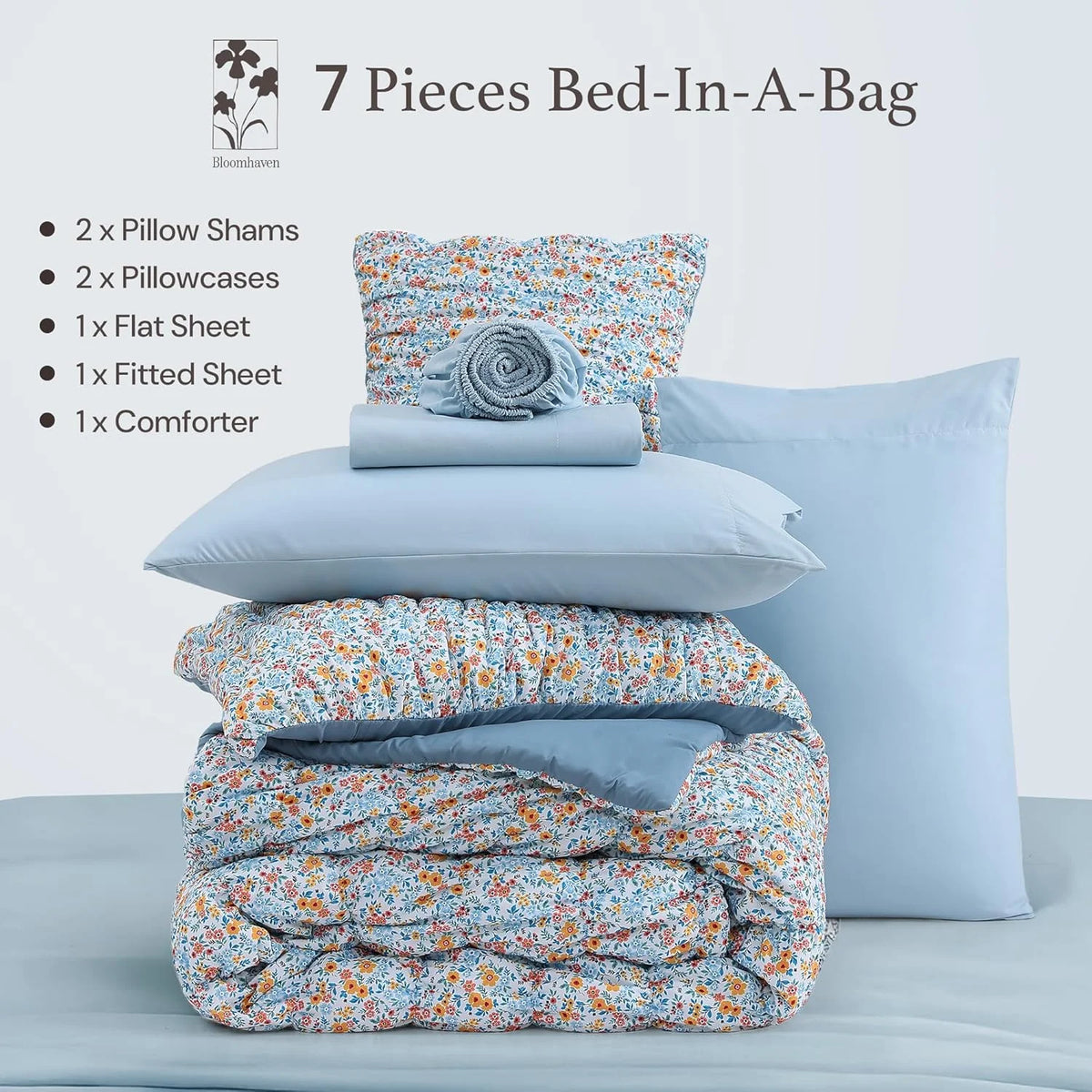 7 Pieces Blue Classic Puff Floral Bedding Sets for All Seasons, Shabby Chic Farmhouse Bed in a Bag Queen with Wildflowers Fluffy Comforter, Sheets, Pillowcases & Shams