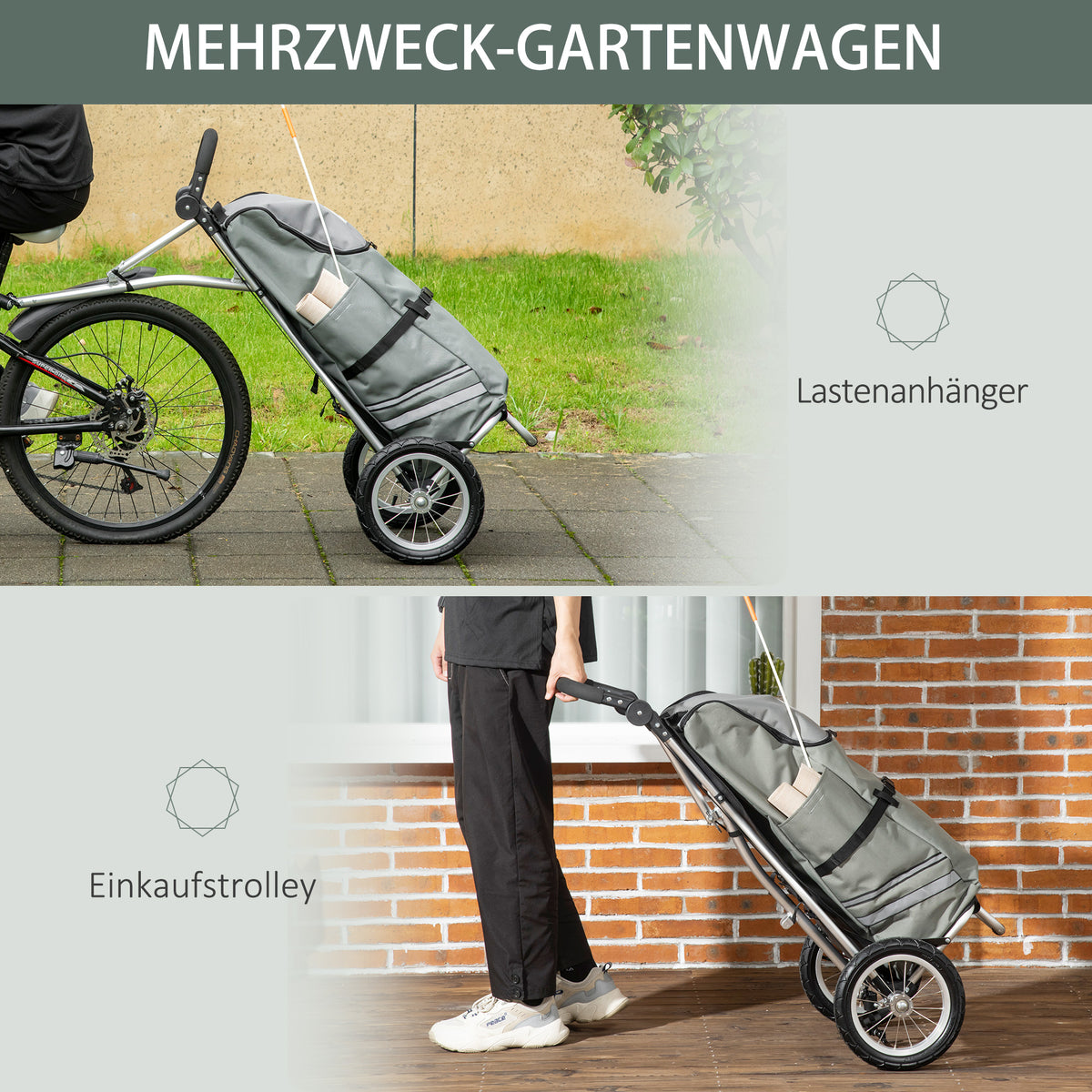 HOMCOM 3-in-1 Einkaufstrolley Einkaufswagen Fahrradanhänger Sackkarre, 53 x 43 x 110cm , Grau+Silber