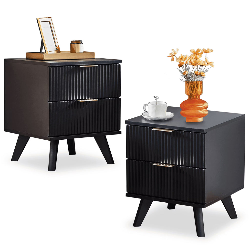 YOCWO Fluted Nightstand for Bedroom Set of 2, Wood Bedside Table Set of 2 with Drawers, Black