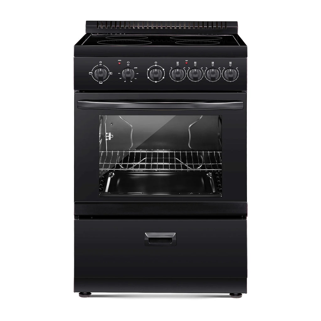 KFFKFF 24 - Inch Electric Range Oven, 2.7 Cu. Ft. Compact Freestanding Design, Stainless Steel Finish, Features 4 Burners, Adjustable Racks, Storage Drawer, Drip Pan, and Indicator Light, Black