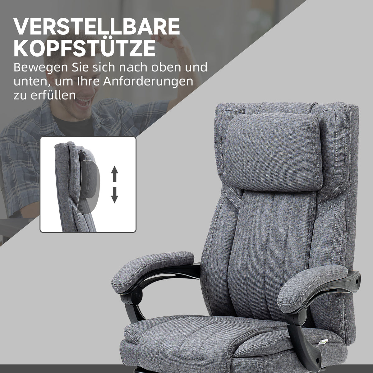 Vinsetto Bürostuhl mit Massagefunktion, neigbare Rücklehne, ausziehbare Fußstütze, Leinenoptik, grau, 65 x 61 x 113 cm