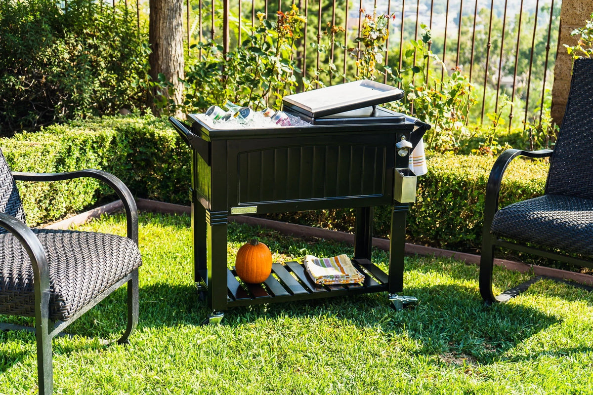 Permasteel 80 - Qt Antique Outdoor Steel Patio Cooler on Wheels, Rolling Cooler Cart, Wooden Teak Style, Black
