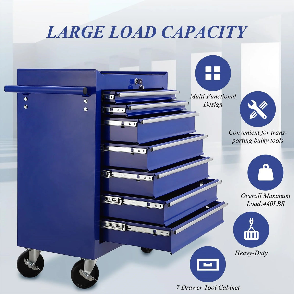 Aukfa Tool Chest, 24.5 in 7 - Drawer Steel Rolling Tool Box on Wheels for Workshop Garage, Red